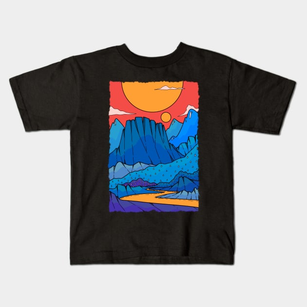 shades of blue in a sky of red Kids T-Shirt by Swadeillustrations